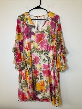 Calvin Klein Floral Bell Sleeve Shift Dress Size 12 Lined